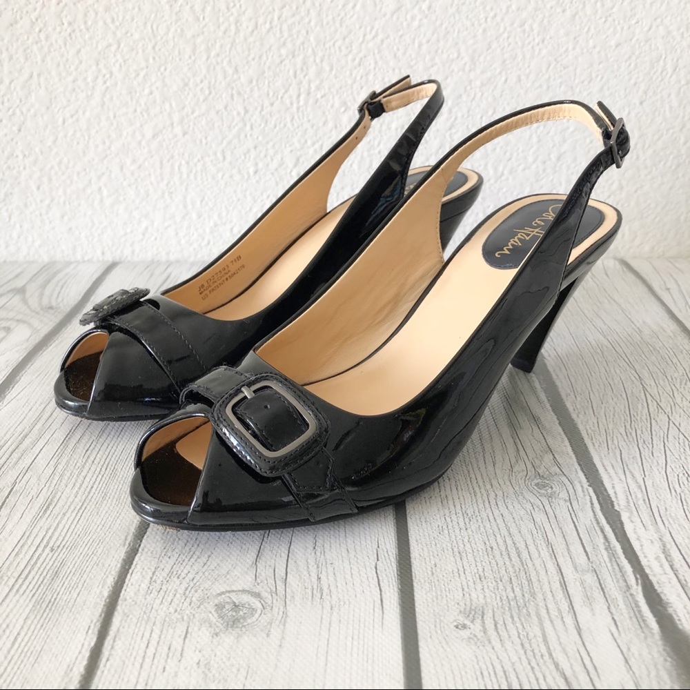 COLE HAAN Peep Toe Patent Leather Slingback Pumps